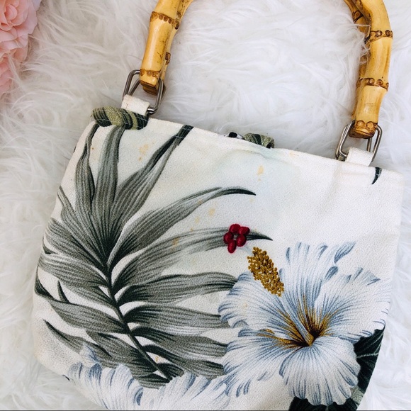 VINTAGE TROPICAL PALM HIBISCUS BAMBOO HANDBAG - Picture 3 of 4